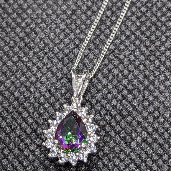 Sterling Silver Pear Shaped mystic treated color shifting topaz w chain - Picture 1 of 5